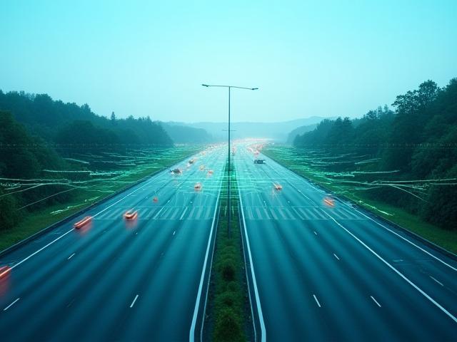 Autobahn mit digitalem Overlay, symbolisiert moderne Mautlösungen